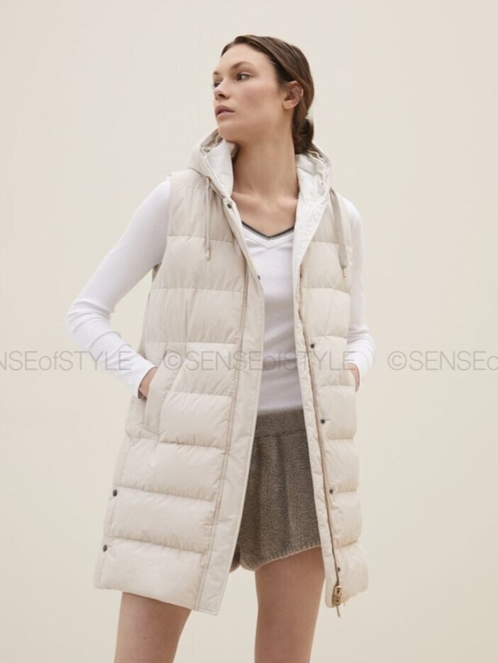Brunello Women Cucinelli Vest Puffer Long Jacket Coat Monili trim size M